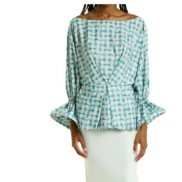 NWT Kimberly Goldson Sola Plaid Bell Sleeve Blouse - Picture 1 of 8